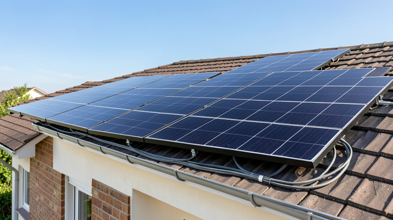 système photovoltaïque installé sur le toit d'une maison individuelle avec panneaux solaires noirs