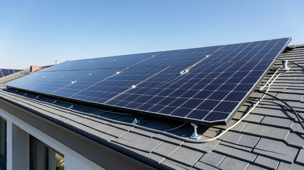 système photovoltaïque installé sur le toit d'une maison contemporaine avec des panneaux solaires noirs brillants