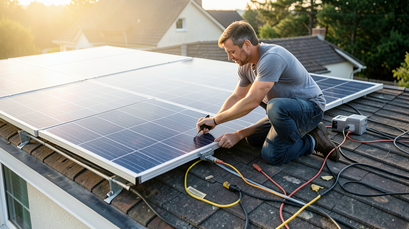 système solaire d'autoconsommation en cours de dimensionnement par un professionnel sur un toit de maison