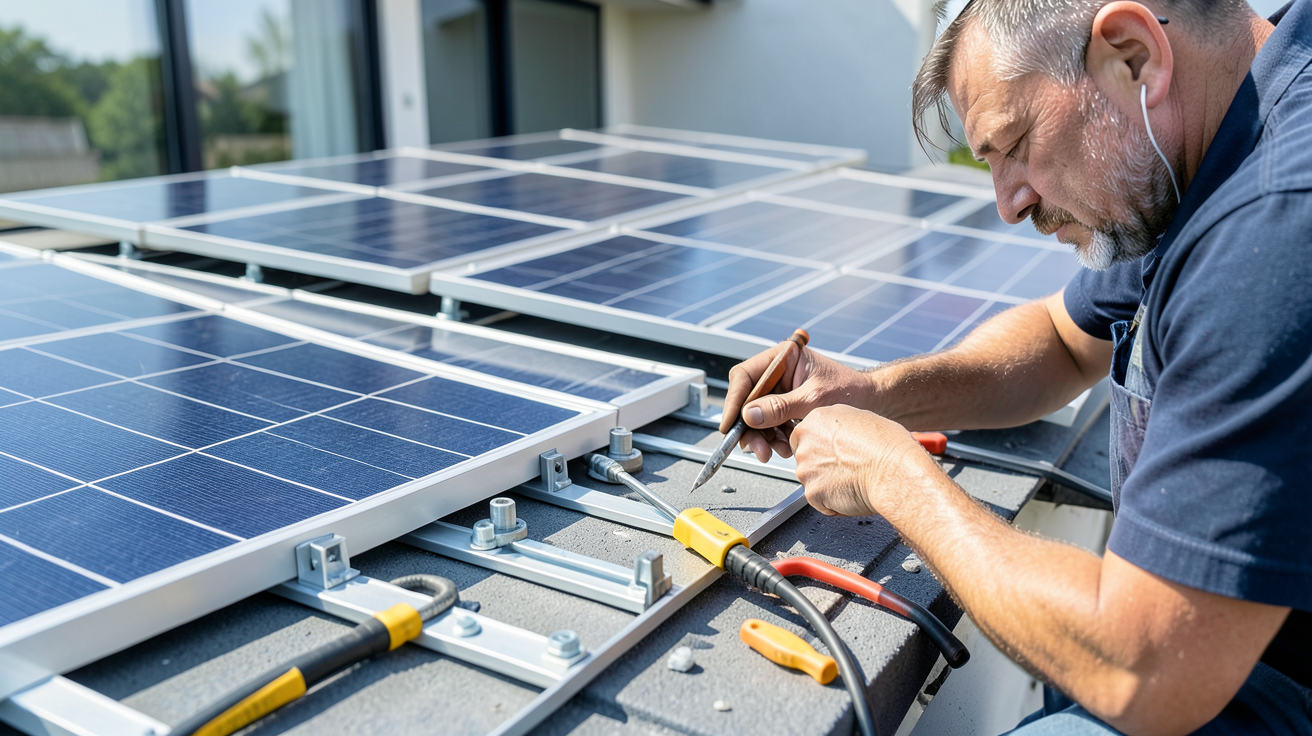système solaire combiné photovoltaïque en cours d'installation par un technicien expert sur un toit