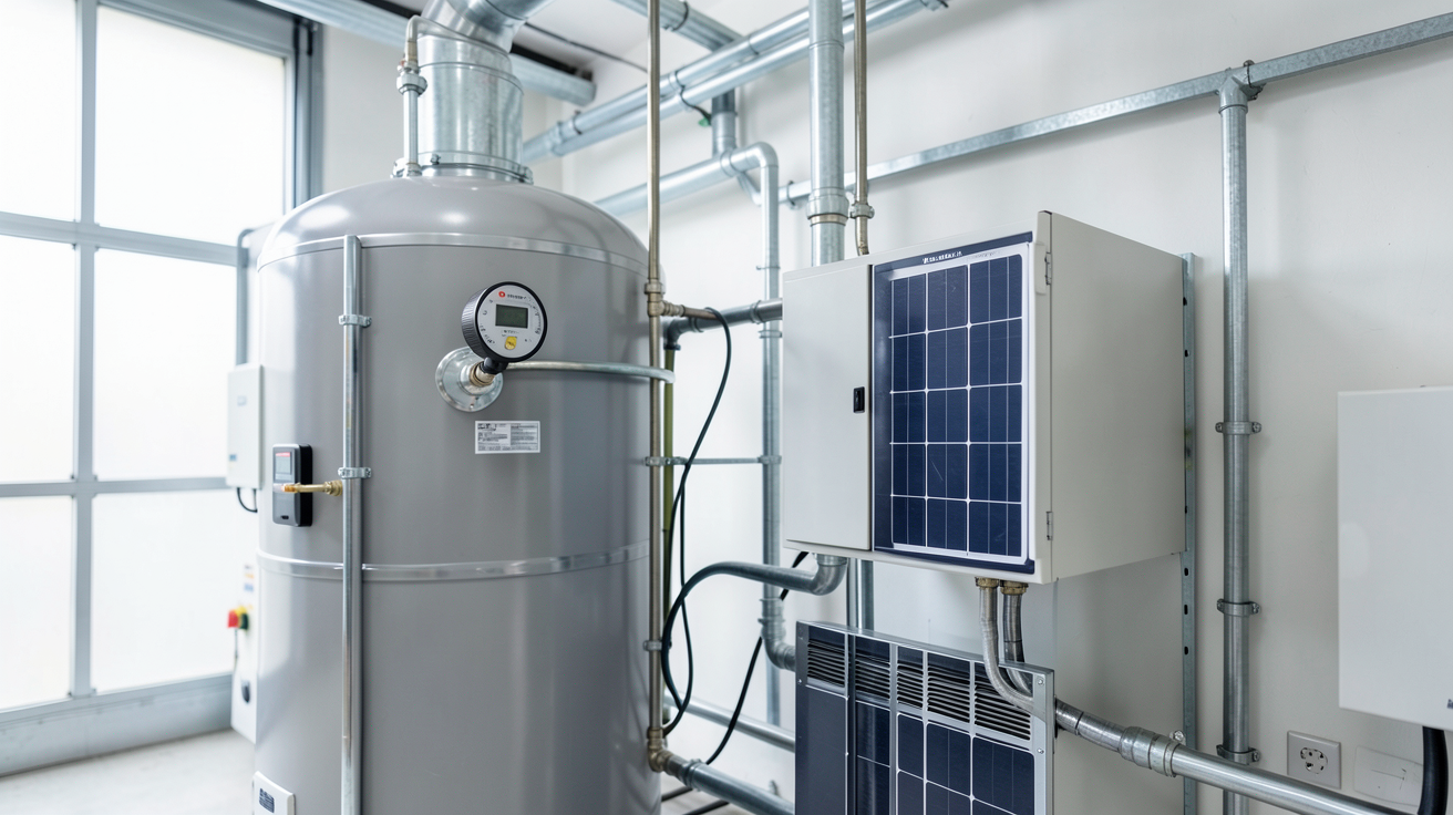 système solaire combiné photovoltaïque avec son ballon de stockage et ses tuyauteries de fluide caloporteur.