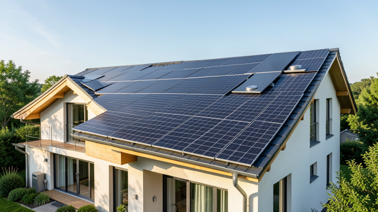 système solaire combiné photovoltaïque installé sur le toit d'une maison écologique avec panneaux solaires noirs et chauffe-eau solaire thermique