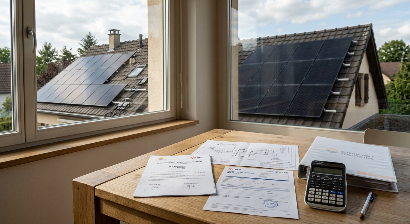 système solaire photovoltaïque avec documents et calculatrice illustrant les aides financières 2025