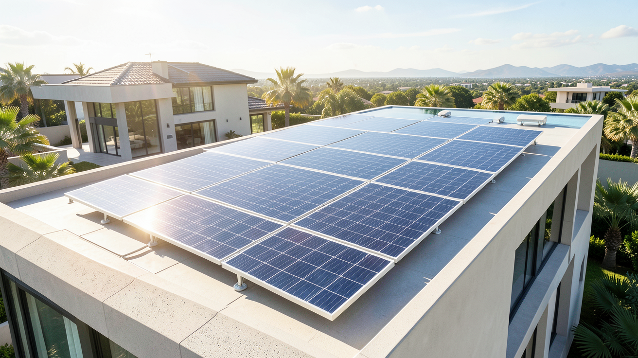 systeme solaire pour maison avec des panneaux photovoltaïques installés sur un toit moderne