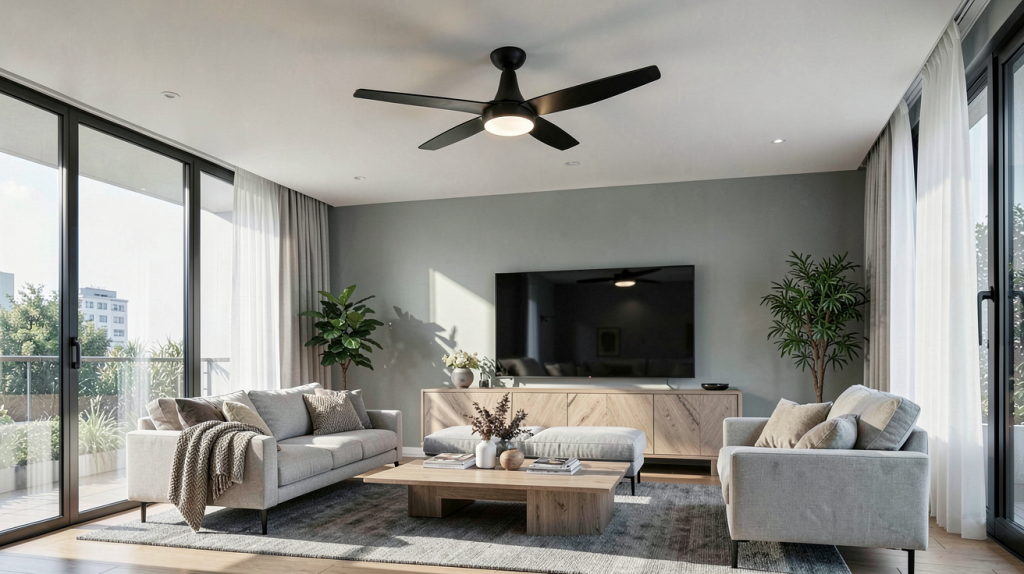 systovi 330wc ventilateur de plafond moderne installé dans un salon contemporain