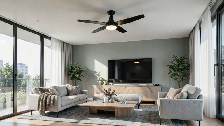systovi 330wc ventilateur de plafond moderne installé dans un salon contemporain