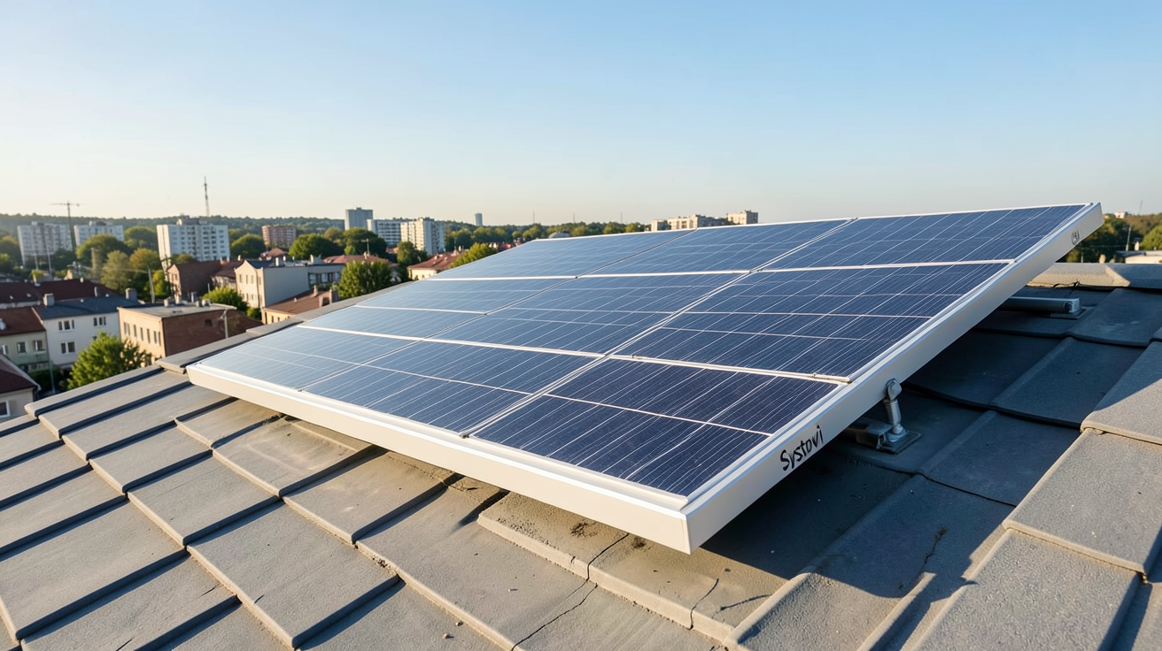 systovi panneau solaire moderne installé sur un toit avec vue sur un environnement périurbain