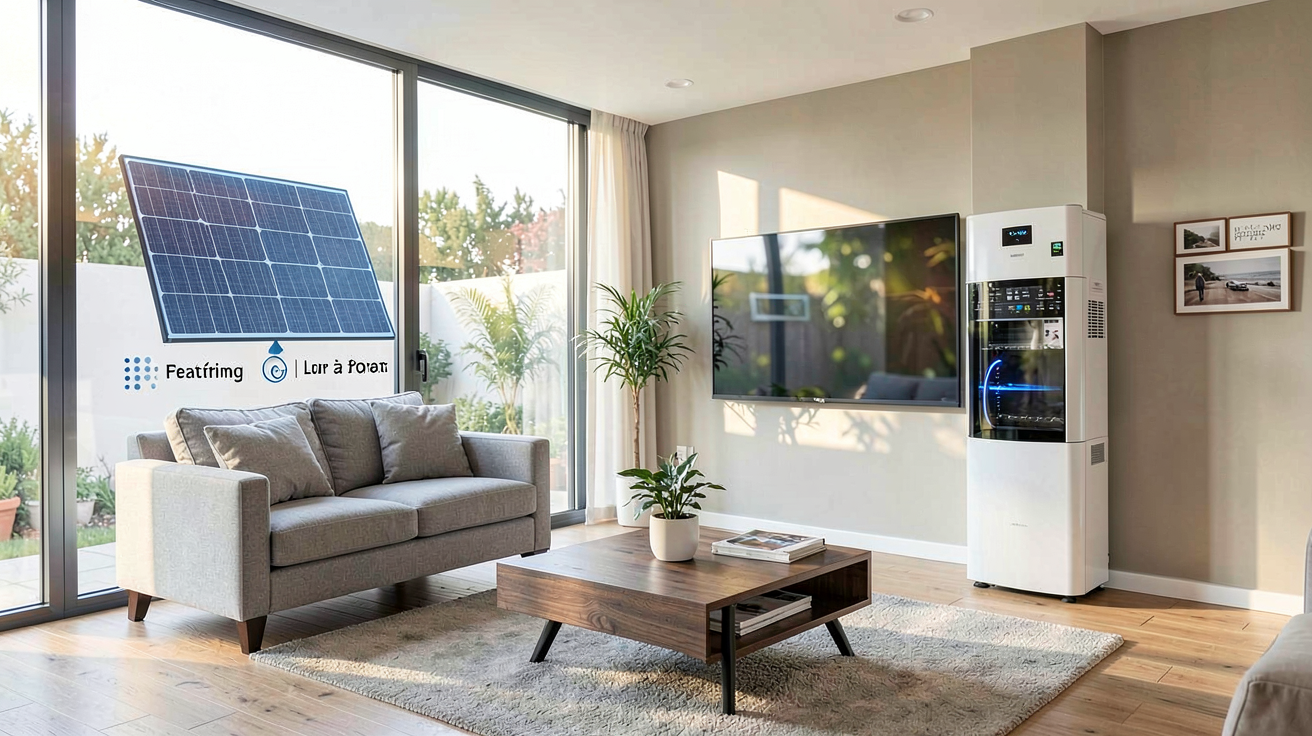 systovi r volt affichant ses quatre avantages : électricité, chauffage, climatisation et qualité de l'air dans un intérieur moderne