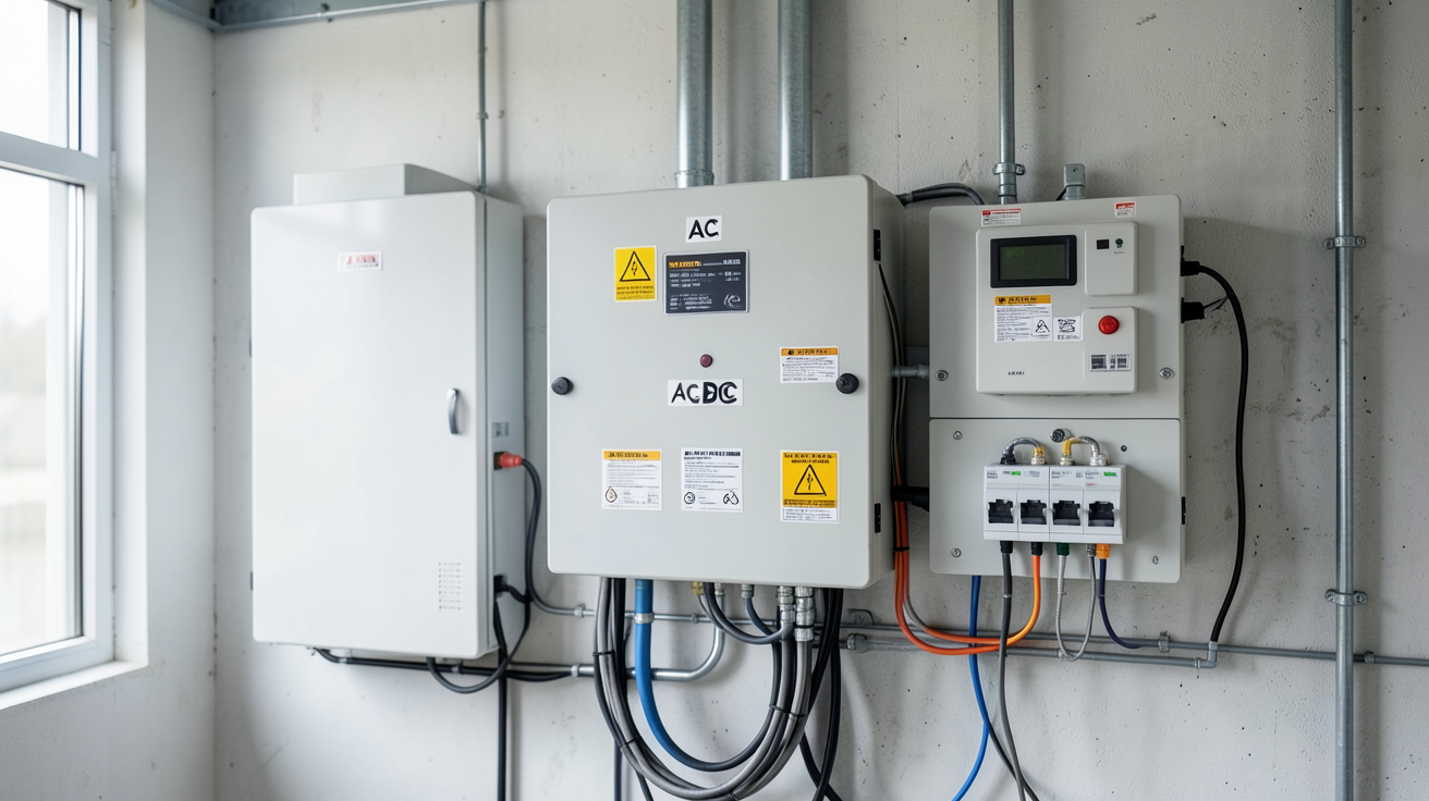 tableau électrique avec coffrets AC, DC et triphasé pour panneaux photovoltaïques dans un local technique
