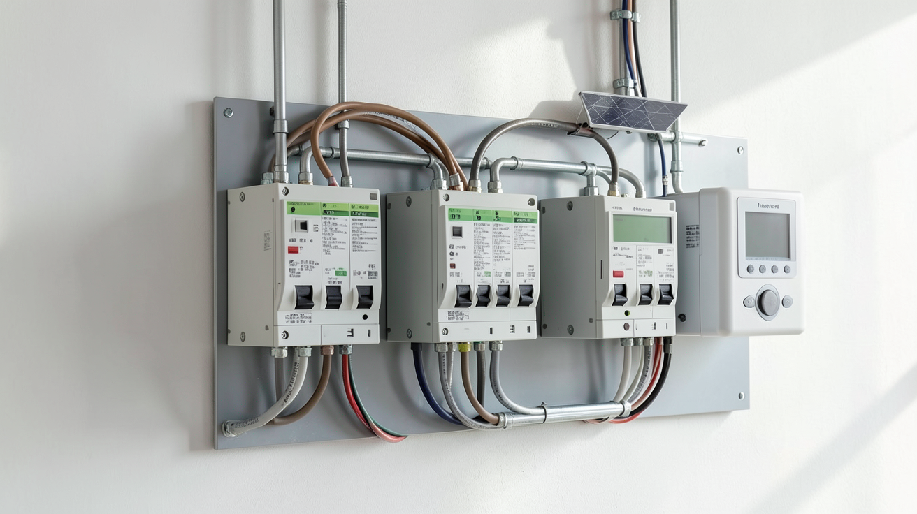 tableau électrique photovoltaïque avec disjoncteurs et compteurs pour installation solaire