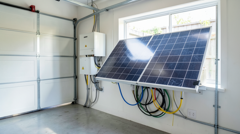 tableau électrique photovoltaïque installé dans un garage moderne avec des câbles organisés