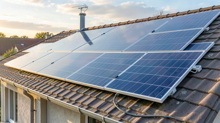 tarif achat photovoltaïque montre un toit équipé de panneaux solaires modernes sous une lumière naturelle, illustrant la production d'énergie et le suivi du compteur