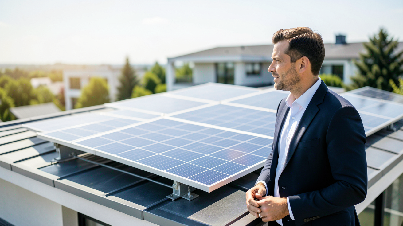 tarif installation panneau photovoltaique illustration d'un conseiller examinant des panneaux photovoltaïques sur un toit, évoquant les aides financières de 2026