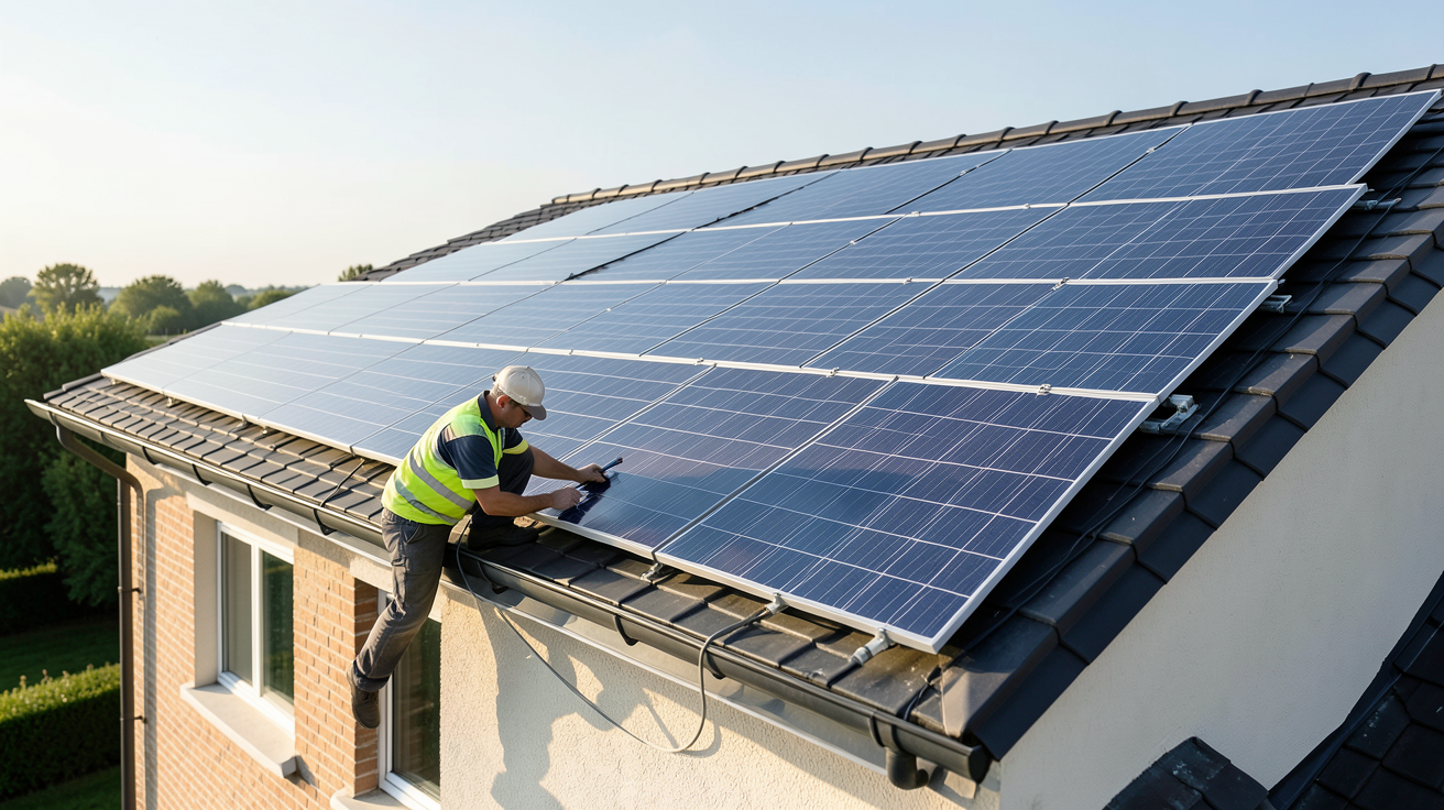 tarif installation panneau photovoltaique prix moyen d’une installation photovoltaïque en 2026, panneaux solaires sur toit de maison résidentielle sous lumière naturelle