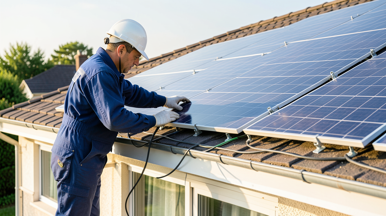 technicien installant des panneaux solaires sur le toit d'une maison avec calcul du coût de la main-d'œuvre et de la pose