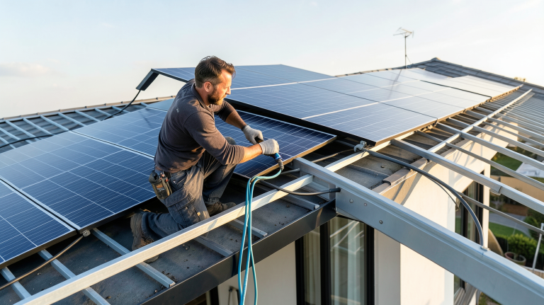 tarif installation panneau solaire sur le toit d'une maison moderne avec un professionnel en action