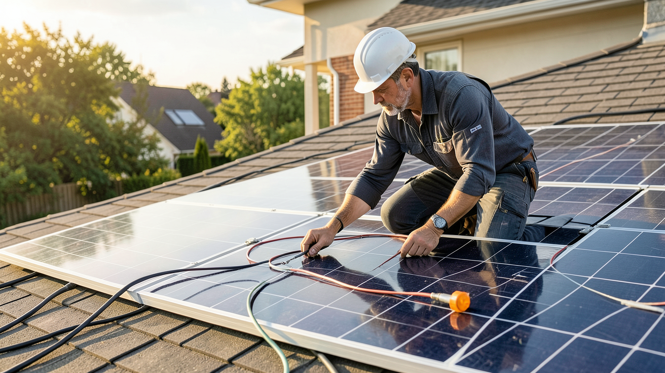 tarif installation photovoltaique : installateur vérifiant les plans d'une installation solaire sur un toit de maison