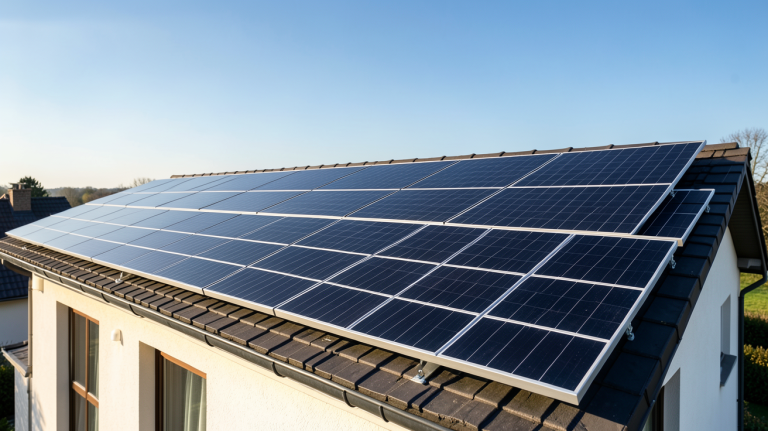 tarif installation photovoltaique d'une maison avec panneaux solaires noirs sur le toit