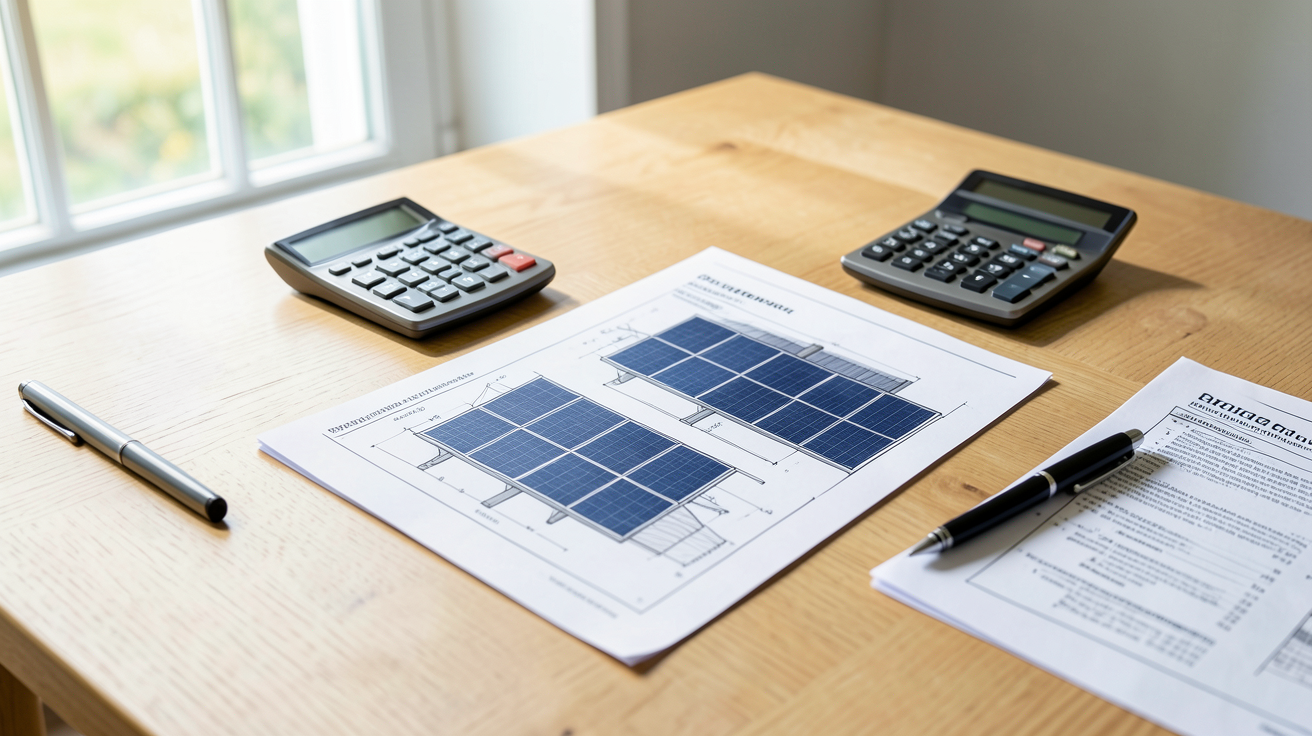 tarif installation photovoltaique prix moyen 2026 affiché sur un devis avec calculatrice et documents techniques