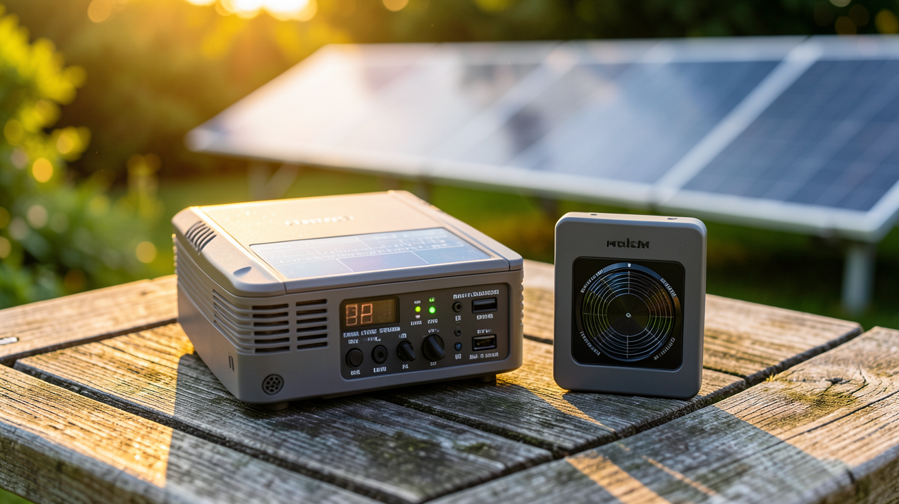 tarif onduleur photovoltaïque : comparaison entre un onduleur central (string) et un micro-onduleur posés sur une table en bois