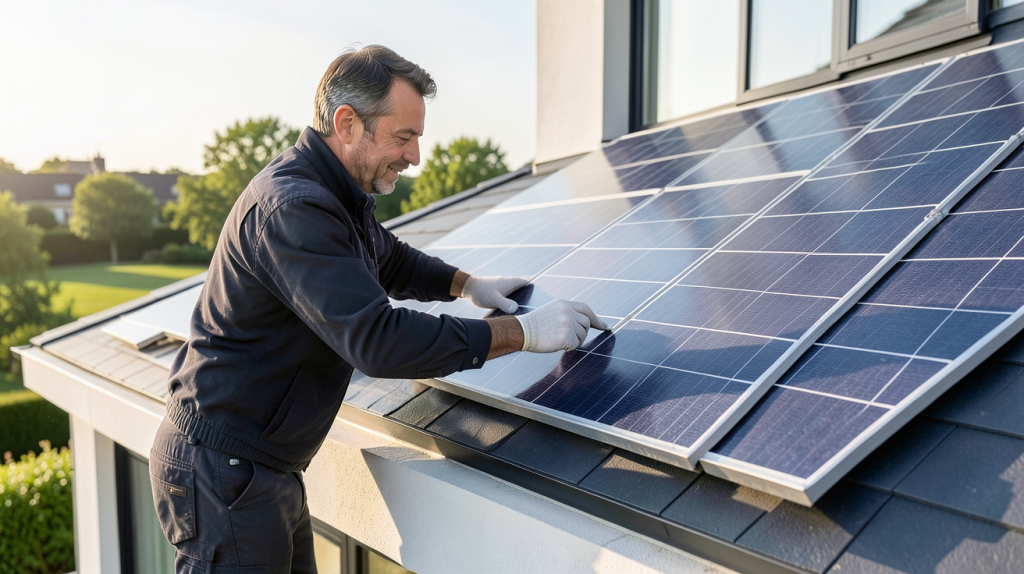 tarif panneau photovoltaïque affiché sur un écran lors d'une installation sur le toit d'une maison moderne