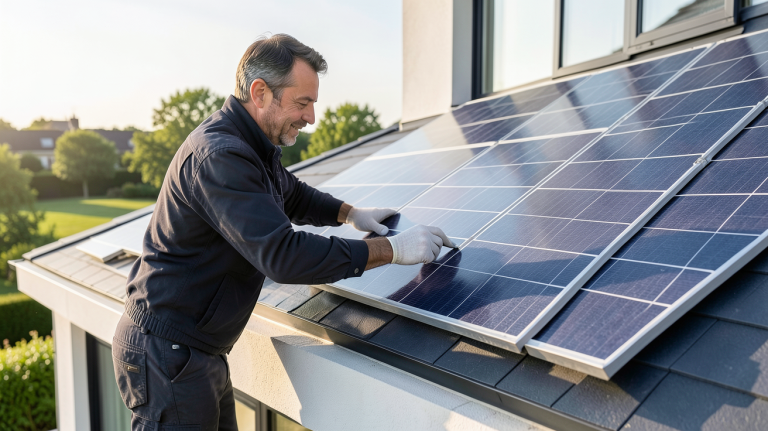 tarif panneau photovoltaïque affiché sur un écran lors d'une installation sur le toit d'une maison moderne