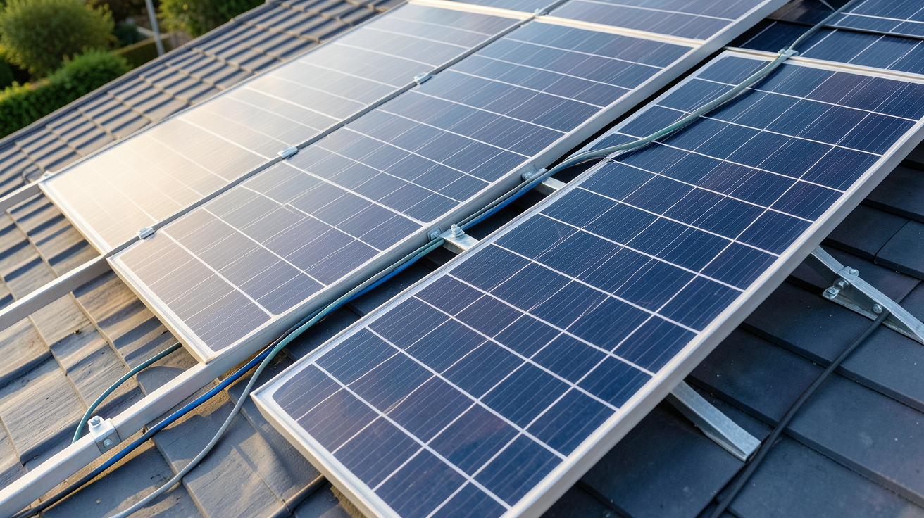 tarif panneau photovoltaïque : prix au mètre carré illustré par un panneau solaire installé sur un toit avec ses fixations