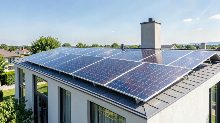 tarif panneau solaire illustré par une installation de panneaux photovoltaïques sur le toit d'une habitation moderne