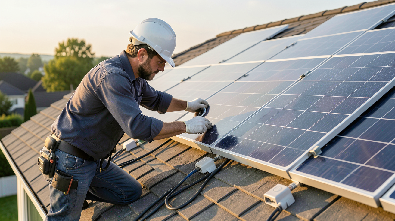 tarif panneaux photovoltaique : technicien installant des panneaux solaires sur un toit avec accessoires de pose