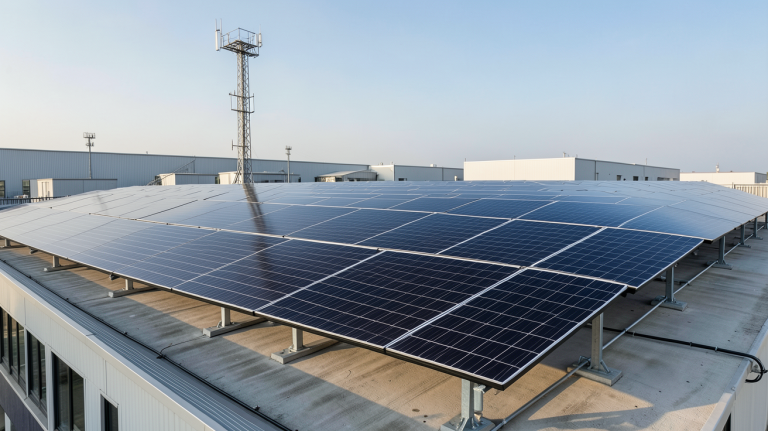 tarif photovoltaïque 100 kWc installation sur toit industriel avec panneaux solaires alignés