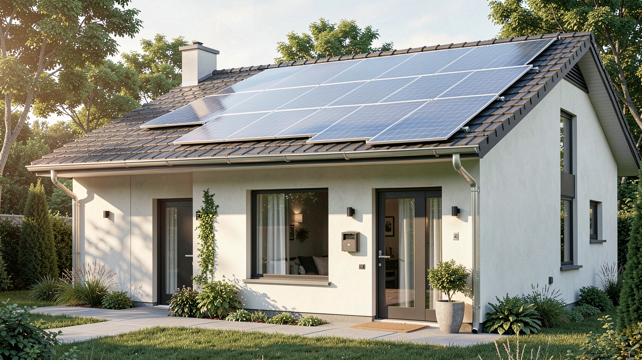 tarif photovoltaïque 2026 illustré par une maison moderne équipée de panneaux solaires sur son toit