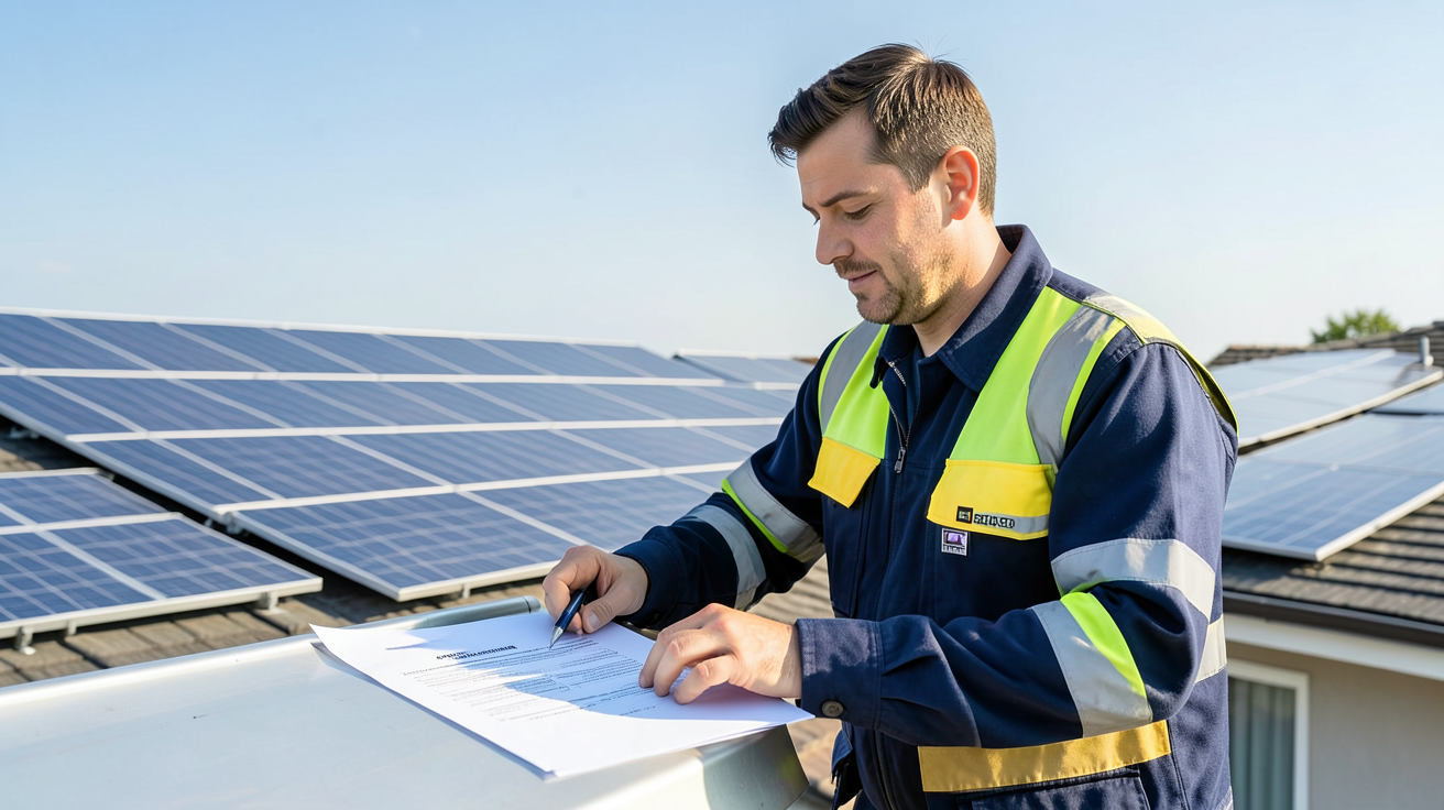 tarif vente totale photovoltaïque où trouver un installateur fiable vérifiant un contrat sous un ciel clair