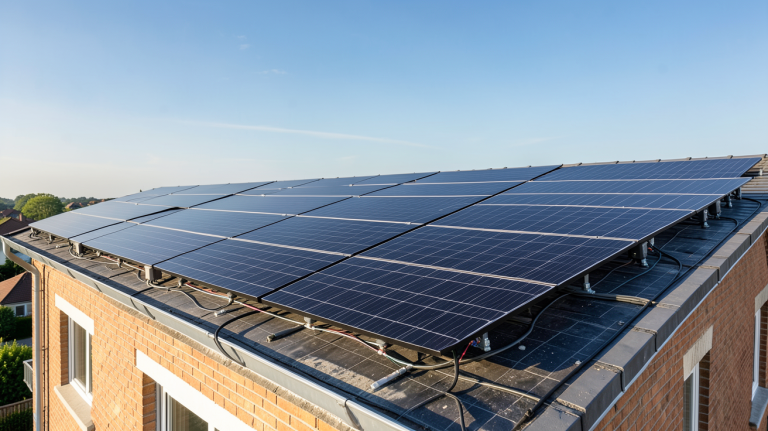 tarif vente totale photovoltaïque installation complète sur le toit d'une maison avec panneaux solaires noirs alignés