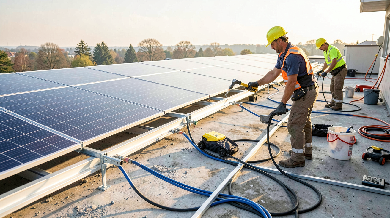 terrasse photovoltaique en cours d'installation avec des ouvriers professionnels et des équipements spécialisés