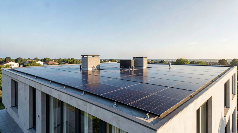 terrasse photovoltaique équipée de panneaux solaires noirs intégrés sur le toit d'une maison moderne