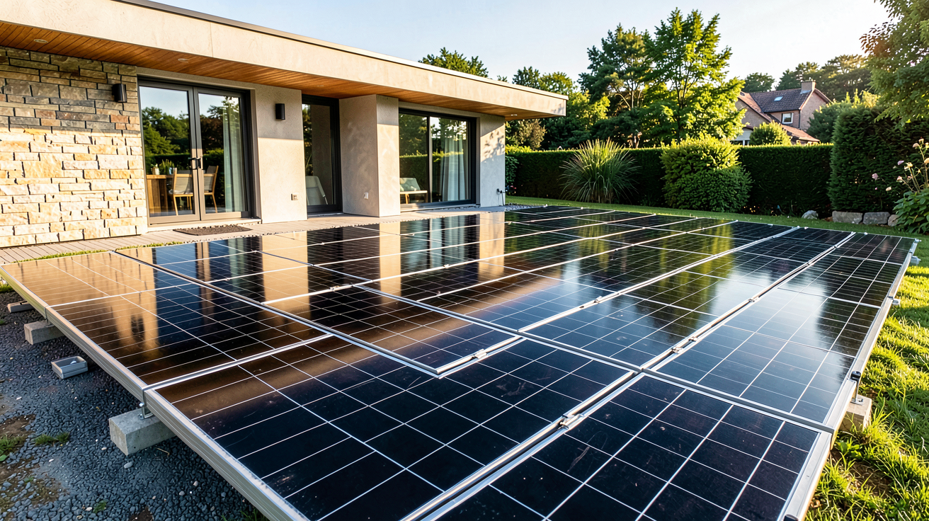 terrasse photovoltaïque moderne avec panneaux solaires noirs sur une maison écologique