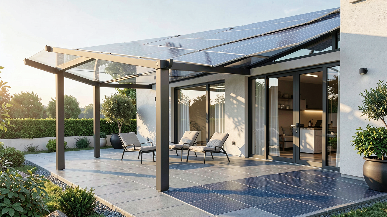 terrasse photovoltaïque intégrant différentes solutions techniques sur une maison contemporaine