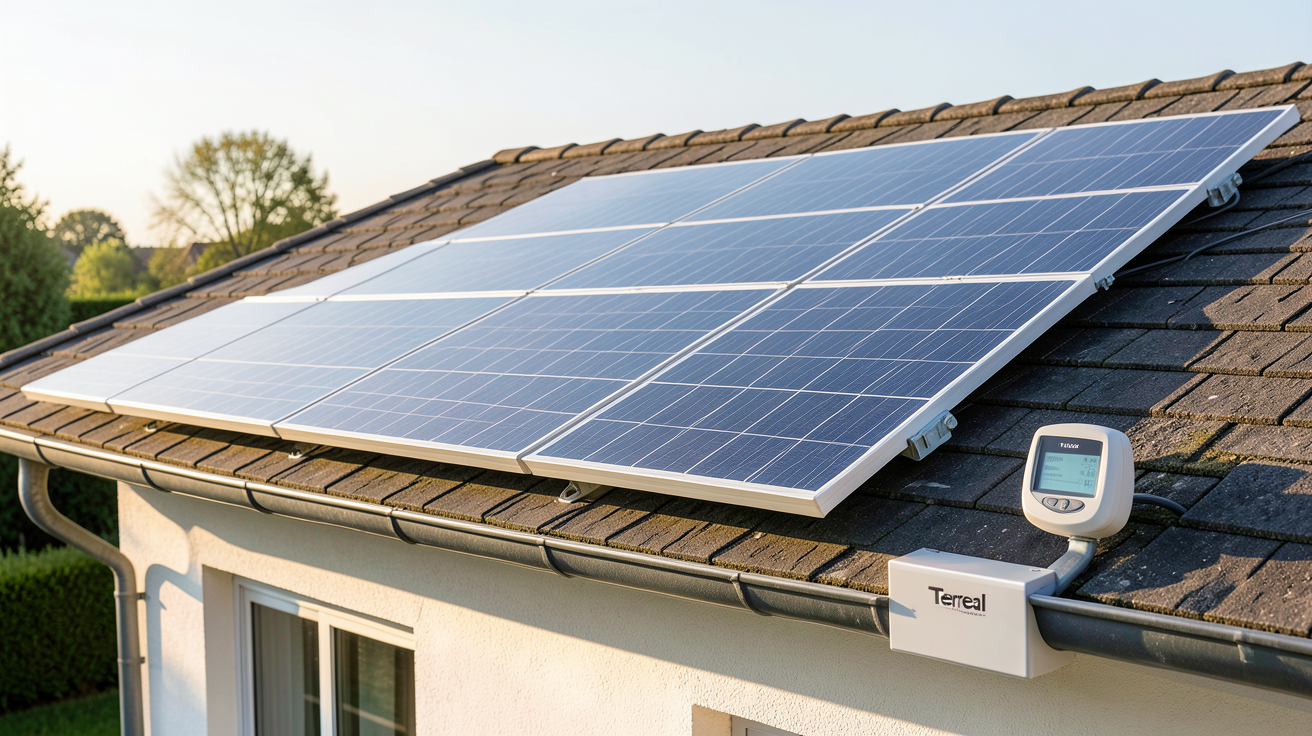 terreal photovoltaique installé sur le toit d'une maison avec compteur affichant des économies d'énergie