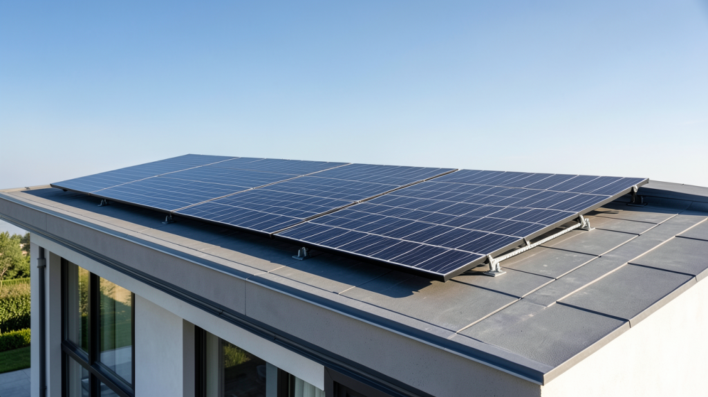 terreal photovoltaique installé sur le toit d'une maison contemporaine