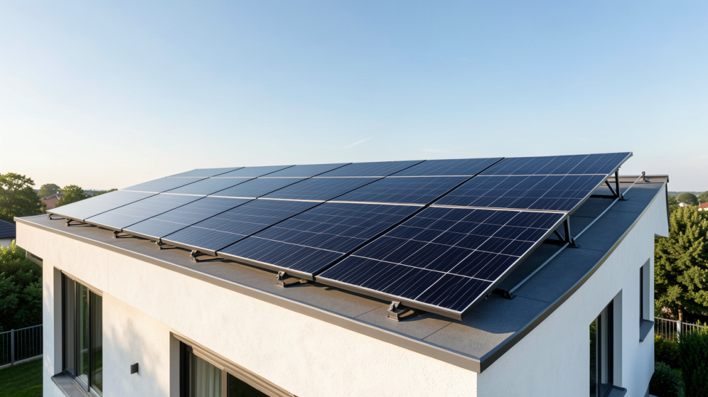 terreal solaire installé sur le toit d'une maison contemporaine moderne avec des panneaux photovoltaïques noirs brillants