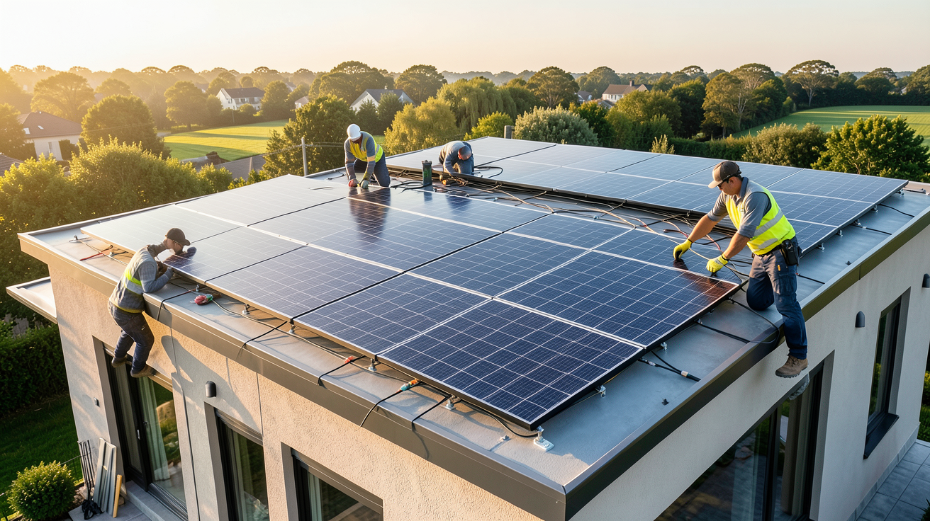 tesla panneau solaire en cours d'installation sur le toit d'une maison moderne