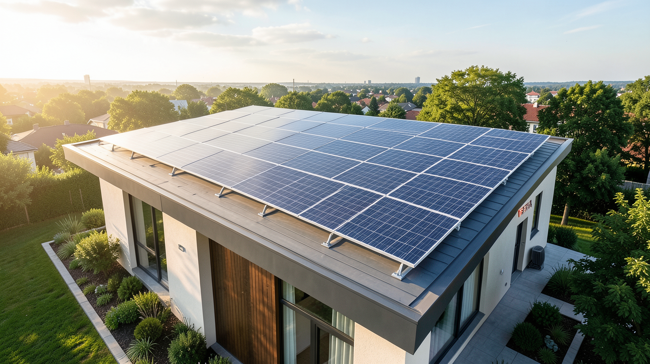 tesla panneau solaire installé sur le toit d'une maison moderne en 2026