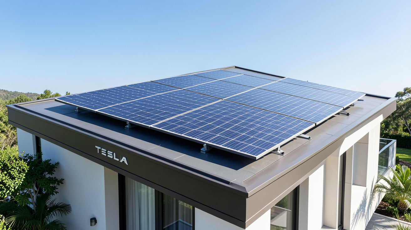 tesla panneau solaire prix illustré par une installation de panneaux photovoltaïques Tesla sur une toiture moderne et design