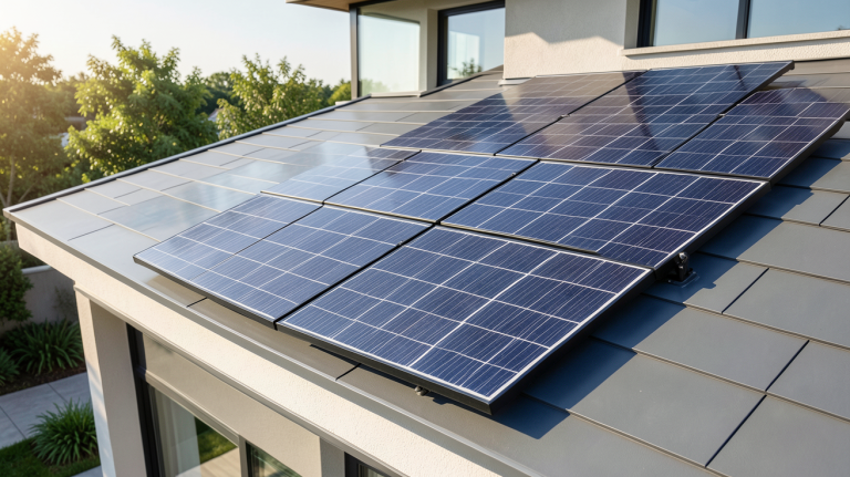 tesla panneau solaire prix installé sur le toit d'une maison moderne, capturé en haute résolution