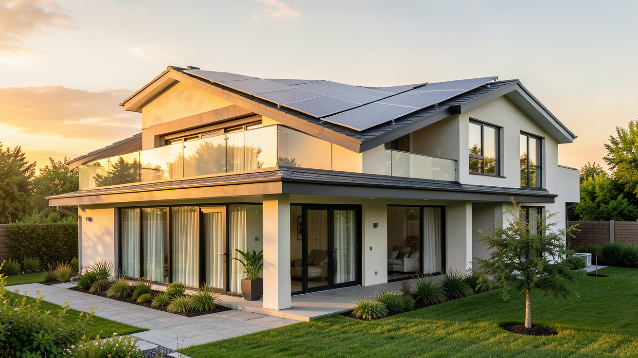 tesla solaire panneaux solaires Tesla Solar Roof installés sur le toit d'une maison moderne