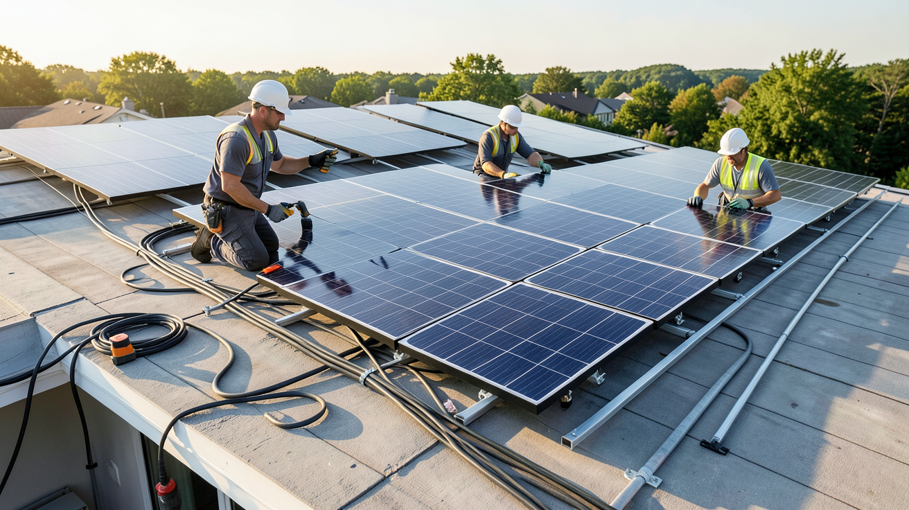 tesla solaire processus d'installation étape par étape montrant des techniciens installant des panneaux solaires Tesla sur un toit résidentiel