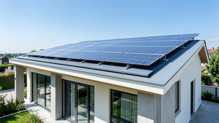 tesla solaire installation de panneaux solaires Tesla Solar Roof sur le toit d'une maison moderne