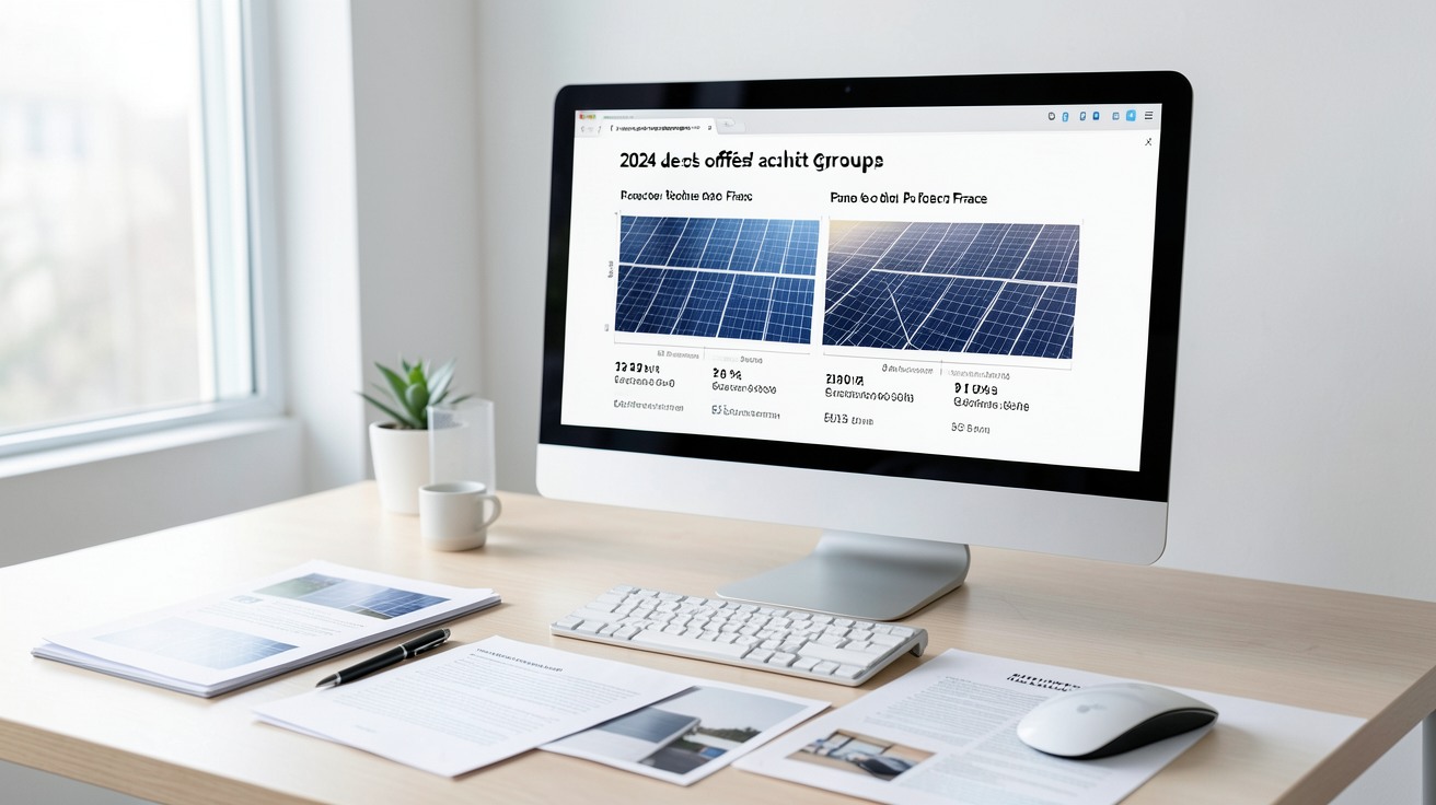 test achat achat groupé panneaux photovoltaïques : comparatif 2024 des offres d'achat groupé de panneaux photovoltaïques en France affiché sur un écran d'ordinateur