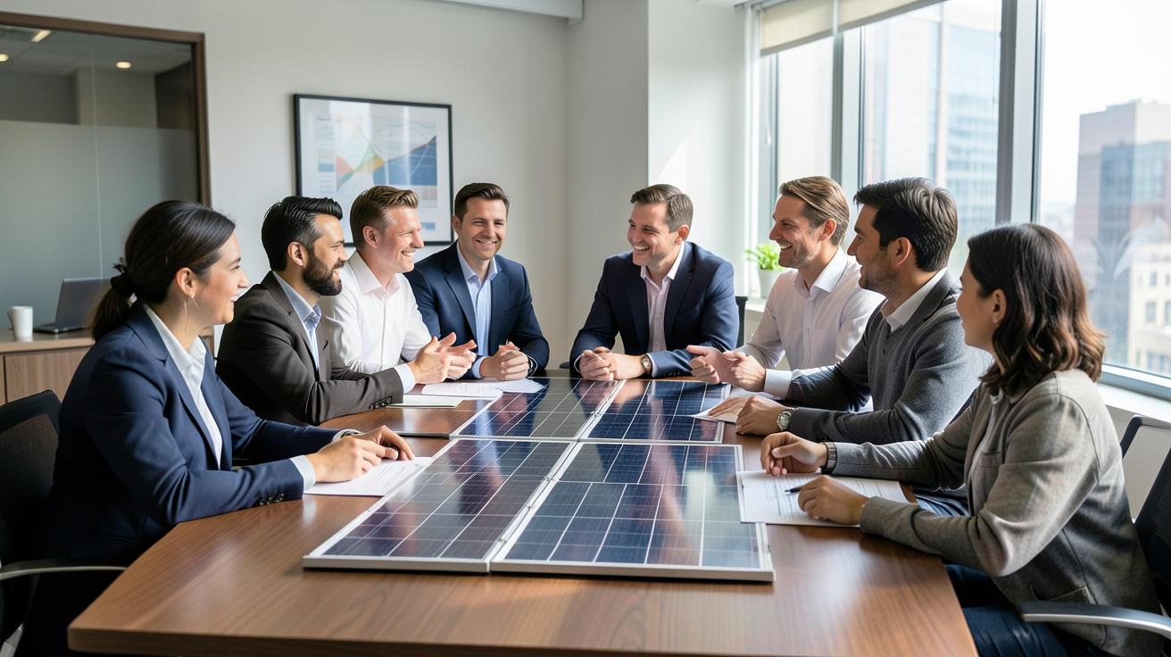 test achat achat groupé panneaux photovoltaïques : groupe de personnes discutant autour d'une table avec des plans de panneaux solaires dans un bureau moderne