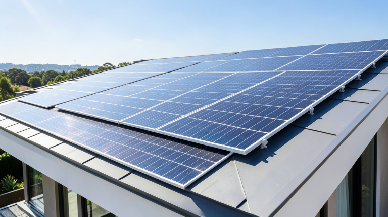 test achat achat groupé panneaux photovoltaïques installés sur une toiture résidentielle moderne